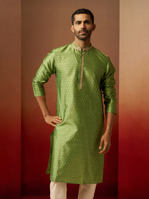 Vastramay Men Green Silk Anmol Jacquard Kurta